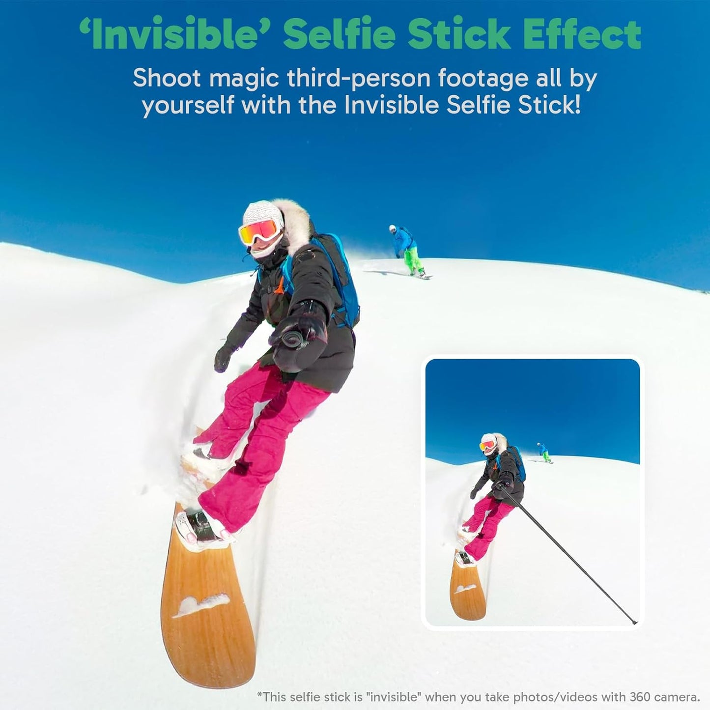 Invisible selfie stick effect when used with 360 cameras creating third-person and drone-style camera angles
