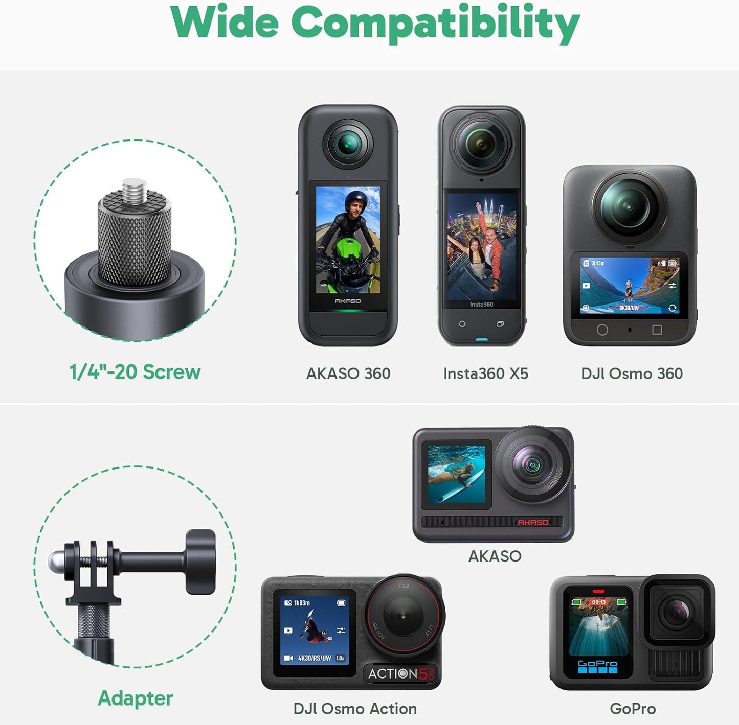 Selfie stick tripod compatible with GoPro Insta360 DJI Osmo and AKASO action cameras