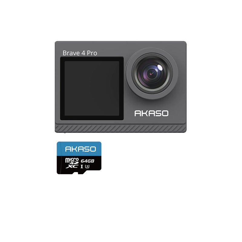 AKASO Brave 4 Pro Action Cam 4K 20MP Con 64GB U3, Schermo Touch, EIS 2.0, 40m Impermeabile, 5x Zoom E Doppia Batteria