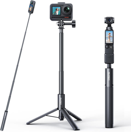 Invisible selfie stick tripod designed for action cameras and 360 cameras with extendable pole and tripod support