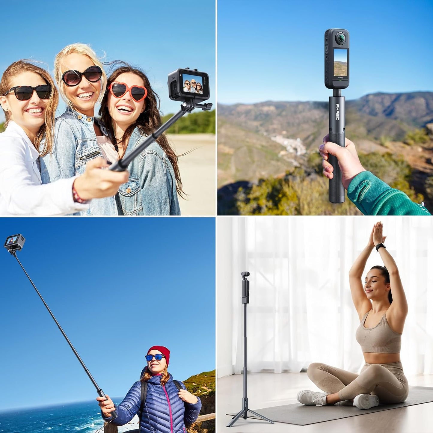 Selfie stick tripod used for outdoor travel vlogging surfing skiing and group photography
